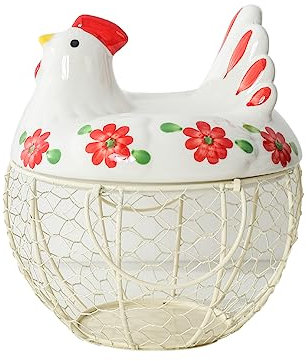 Cesta de almacenamiento de huevos, huevos frescos, encimera de cocina, organización, dispensador de huevos, tapa de pollo de cerámica, con cesta de alambre, mantiene 20-25 huevos