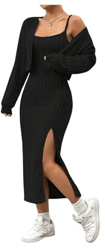 GORGLITTER Women's Ribbed Knit Dress Outfits 2 Piece Sleeveless Bodycon Midi Dress and Long Sleeve Cardigan Knitted Set Black L