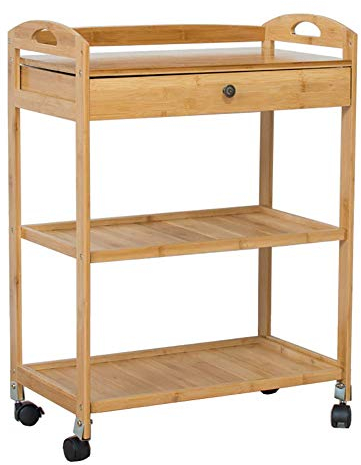 Küchenwagen mit Schublade, 3 Etagen Beauty Gallery Trolley, bewegliche Handkarren Aufbewahrungswagen aus Bambus – Perfekter Mikrowellenwagen, Kaffeewagen, Barwagen/Holz/Groß