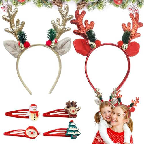 Seasboes 2 Stück Haarreif Weihnachten, Neuheit Weihnachtsfeier Kopfschmuck Set, Weihnachts Haarschmuck, Rentier/Elch Geweih Haarreif Weihnachts Stirnbander Rot, Haarspangen Weihnachten Haarschmuck