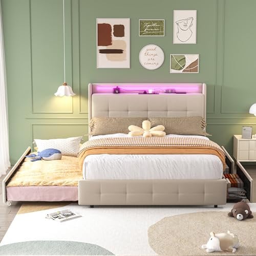 SDXYSTCE Jugendbett, Stauraumbettrahmen, Holzlattenrost, Doppelbett mit USB-Aufladekopfteil, Ausziehbett, Polsterbett mit LED-Beleuchtung und 2 Schubladen (Beige, 140 x 200 cm)