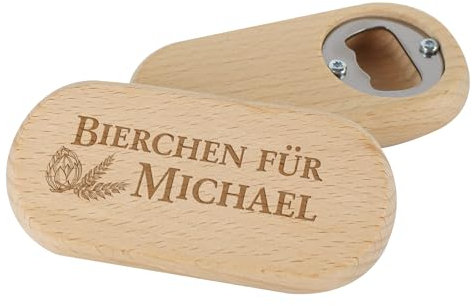Herz & Heim® handlicher Flaschenöffner mit personalisierter Gravur aus Holz (Bierchen)
