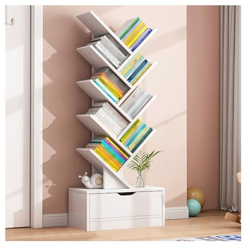 Libreria ad Albero con cassetto, scaffale espositivo portaoggetti, libreria Verticale da Pavimento, scaffale Organizer ad Albero per Soggiorno, Ufficio (Bianco, 10 Ripiani)