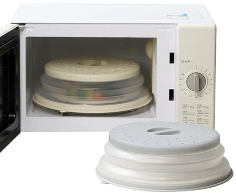 EASYLOCK 2PCS Collapsible Microwave Cover for Food Microwave Plate Cover with Grip Handle Microwave Splatter Guard (Grey and Beige)