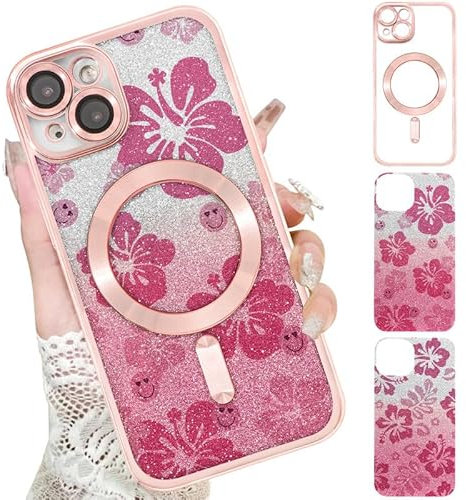 Xylota Magnetische Handyhülle für iPhone 15 6,1 Hülle mit 2 x Glitzer Karton, Aesthetic Blumen Muster Mädchen Case, Compatibel mit MagSafe, Weich Silikon Dünn TPU Stoßfeste Schutzhülle, Rosa