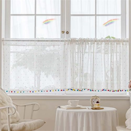 AQCQDQ Scheibengardinen Modern Bistrogardine Landhausstil, Niedliche Vorhänge Für Kinderzimmer, Leinen Blickdicht Vintage Halbe Gardinen Fenster Küchengardinen Mit Buntes Fellkugel (BxH 120x45 cm)