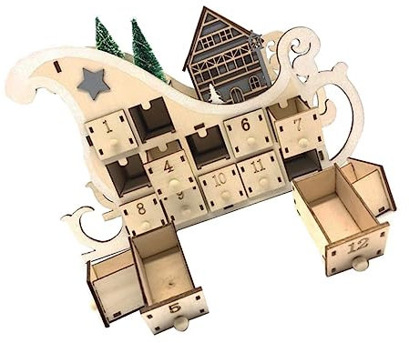 FONDOTIN Weihnachtskalender Holz Schlitten Countdown Kalender mit Leuchtkasten Weihnachtsdeko Heimdekoration Weihnachten