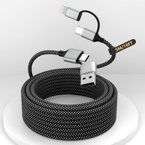 4-in-1 Multi Charger Cable, 2-in-2 USB A+USB C to USB C+Lightning Charging Cable with PD 60W Fast Charging, 5M/16TF Extra Long USB C Charging Cable for iPhone 16/15/14/13/12/Plus/Pro Max/iPad/Android