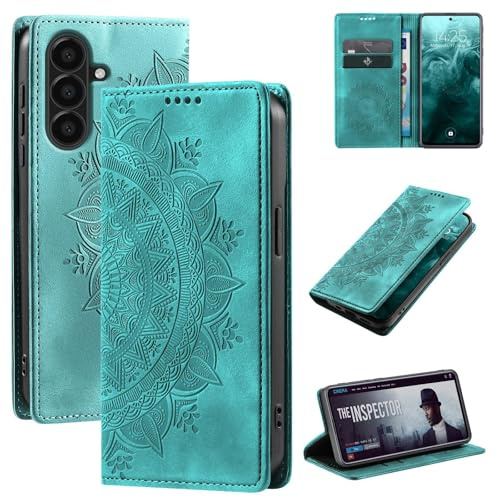 LBH Handyhülle für Samsung Galaxy A36 5G Mandala Klapphülle RFID Schutz Kartenfächer Geldfach Design Cover Case Flipcase Türkis