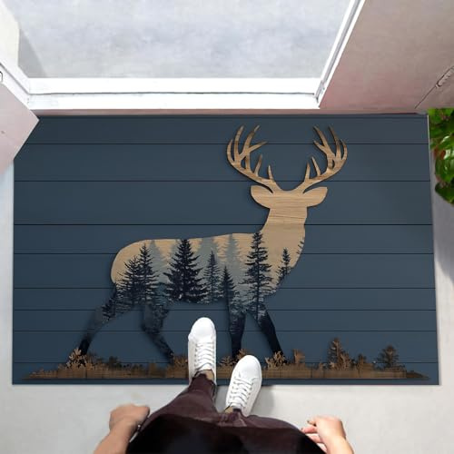 CEDNXOER Dunkelblau Fußmatte Innen 45x75 cm Retro Holzmaserung Tiere, Waschbar Eingangsteppich, Hirsch Wald Schmutzfangmatte rutschfest, Kurzflor Türmatte Teppich für Eingang, Haustür, Flur