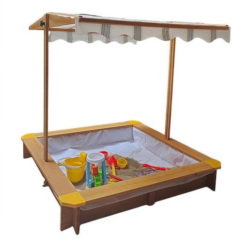 Sandkasten aus Holz mit verstellbarem Dach und Schutzeinlage für Kinder im Freien zum Spielen im Garten