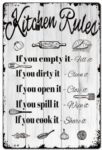 SUPERDANT Kitchen Rules Metal Signs Retro Metal Poster Text Plaque Vintage Decort Cartoon Tin Sign for Kitchen Restaurant Dining Room Café Indoor Outdoor Wall Art Gifts 20x30CM