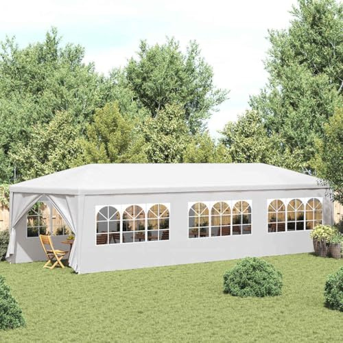 HaoChrymec Partyzelt 9 x 3 m mit UV- und Wasserbeständigem PE-Dach, Stahlrahmen, Mit Seitenwänden und Fenster, Camping Pavillon, Garten Pavillon, Festival Zelt, Weiß