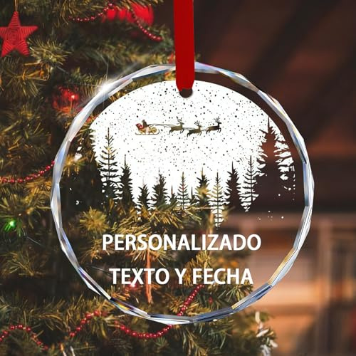 Bolas de Navidad de Cristal Personalizados con Foto Texto Decoraciones Navideñas Personalizadas Adorno de Compromiso 2025 Ideal para Familias Parejas Mascotas (Círculo - Texto)