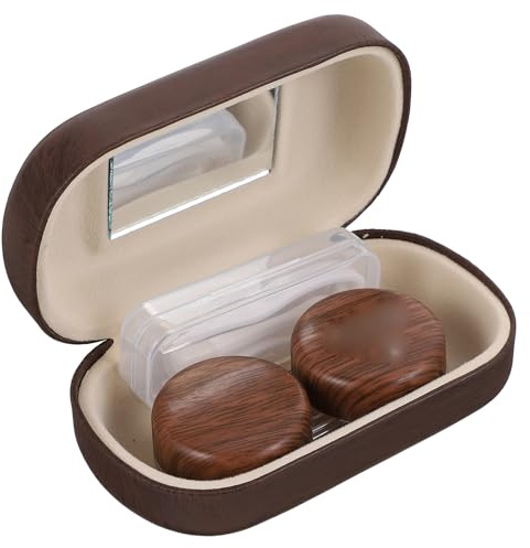 SILENRADAWN Vintage Leather Grain Large Leakproof Dual Travel Case Portable Organizer for Eye Care with Separate Clip Storage Suitable for Colored Contacts and Daily Use