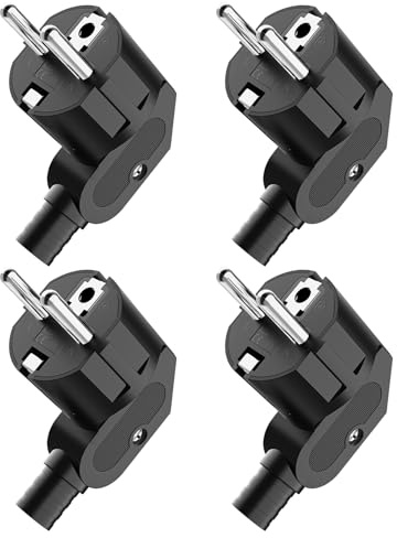 Schuko Stecker, Stecker 250V, Stromstecker mit Zugentlastung, Schutzkontakt-Stecker mit Knickschutztülle, Spritzwassergeschützt und Langlebig, IP20, Bruchfest, Schwarz - 4 Stücke