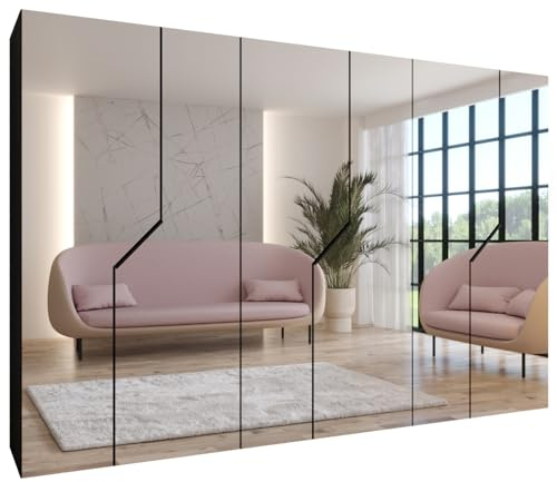 MEBLE KRYSPOL - Kleiderschrank - Garderobenschrank - 300 cm x 202 x 52 cm - Schrank mit Kleiderstange und Spiegel, 6 Türen - für Schlafzimmer, Flur - Andrew, Schwarz, Griff Schwarz