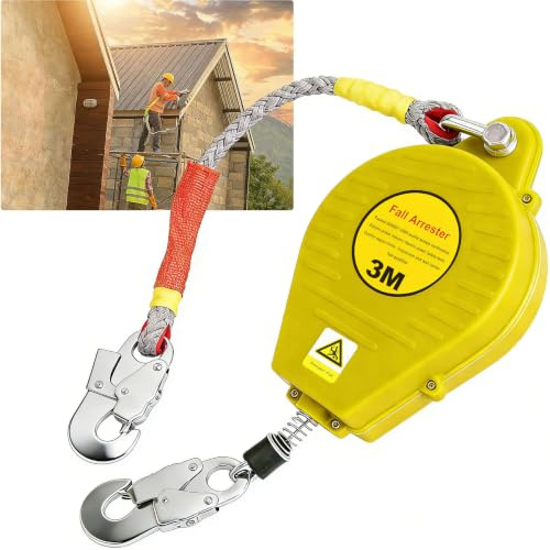 IELSH Höhensicherungsgerät Absturzsicherung 3m/5m/7m/10m/15m/20m (3m) | 150KG Absturzsicherung Dachdecker mit Selbstsicherndem Haken, Grün/Gelb Absturzsicherung Einziehbar für Höhenoperationen