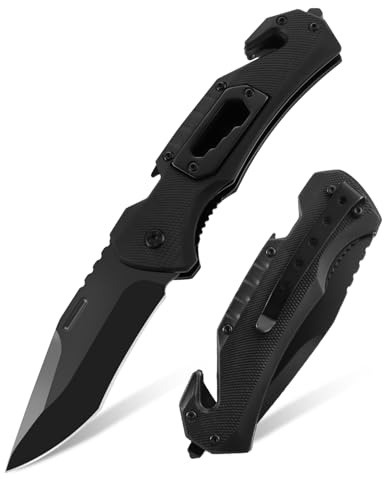 VIRENKNIFE Klappmesser (Zweihandmesser),20CM Taschenmesser mit Aluminiumgriff,Taschenclip & Liner-Lock, 5-in-1 Edc Messer mit Glasbrecher, Jagdmesser für Männer Geschenk (Schwarz)