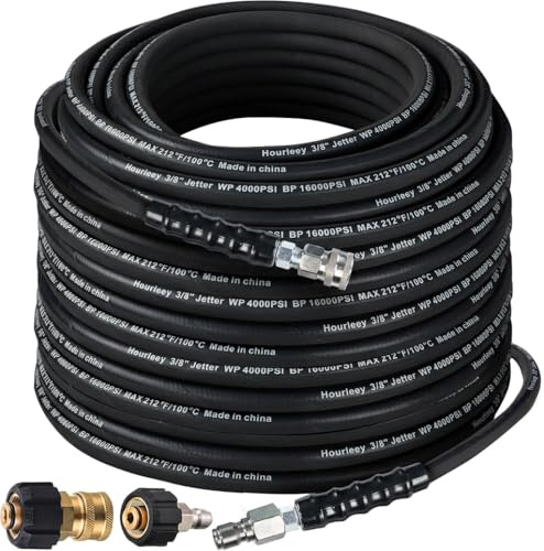 3/8 Pressure Washer Hose 50FT 4800 PSI, Kink Resistant Steel Braided Layer & NonMarking Rubber for Hot/Cold Water, High Power Washer Hose with 3/8 Inch Quick Connect & M22 Fitting, Black