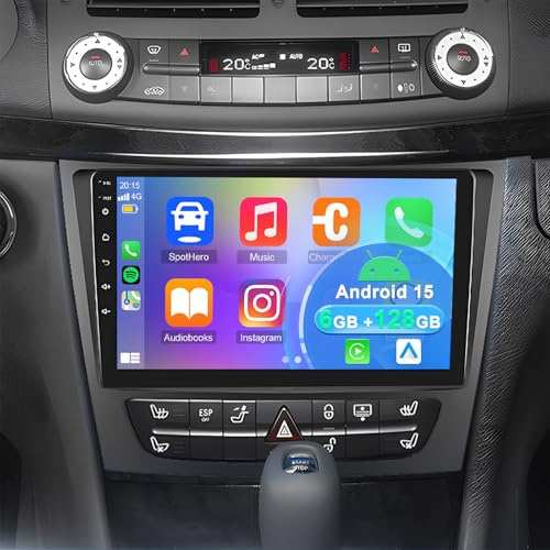 6+128G 8 Core Android 15 Autoradio für Mercedes Benz E Class CLS Class W211 W219 2005-2008 mit Carplay Android Auto, 9 Zoll Touchscreen Auto Stereo Display Player Radio GPS Navigation HeadUnit mit SWC