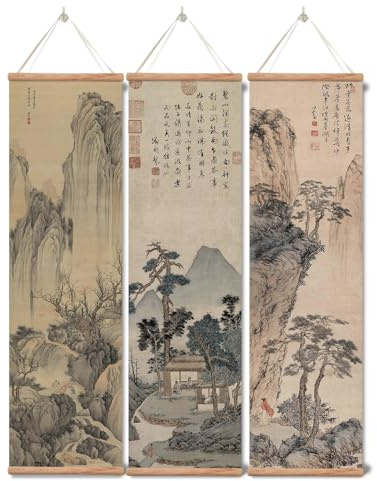 xinyuru 3-teiliges Wandbild Set Chinesische Landschaft, Eichenrahmen | Massiver Eichenholzrahmen | 3-teilig | 30x104 cm pro Bild | asiatische Wanddeko | Wohnzimmer, Schlafzimmer, Büro