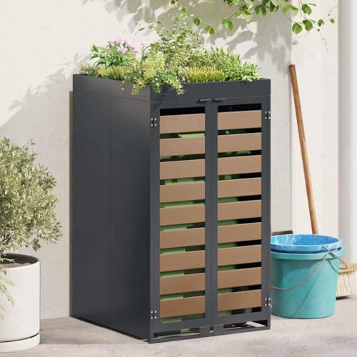 Teenpull Wheelie Bin Storage with Planter Roof for 240L Bin, Anthracite Steel, Expandable, Ventilated, Weatherproof, Compact, Modern Wheelie Bin House for Garden and Outdoor Use
