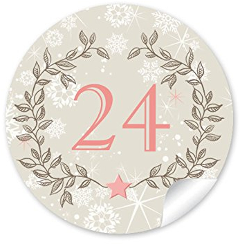 24 DIY Adventskalenderzahlen BEIGE KRANZ VINTAGE für einen DIY Adventskalender Papiertüten zum selber basteln 1 – 24 Format 4 cm, rund, matt