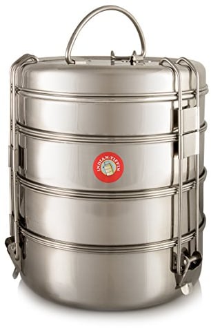 Indian-Tiffin Large Family Size 4 Tier, with Bowls, Spoons & Trays