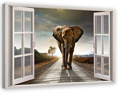 Feeby Leinwandbilder - Deko Bilder - Fensterblick Elefant Afrika - Canvas 120x80 cm XXL 1tlg- Wandbilder Schlafzimmer - Aesthetic Room Decor - Modern Wanddeko - Bild auf Leinwand - Fertig Gespannd