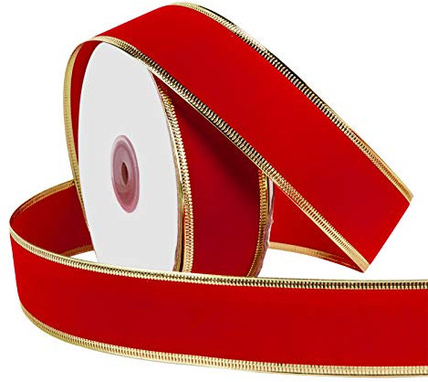 RUSPEPA Wired Christmas Holiday Ribbon - Red with Gold Edges Velvet Ribbon - 38 mm x 22 m Each Roll