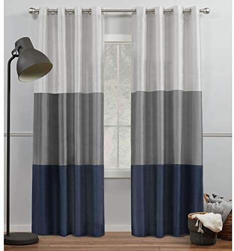 Exclusive Home „Chateau“ Gestreifte Vorhangpaneele aus Kunstseide mit Ösen, 2er-Set, 137 x 213 cm, Marineblau/Grau