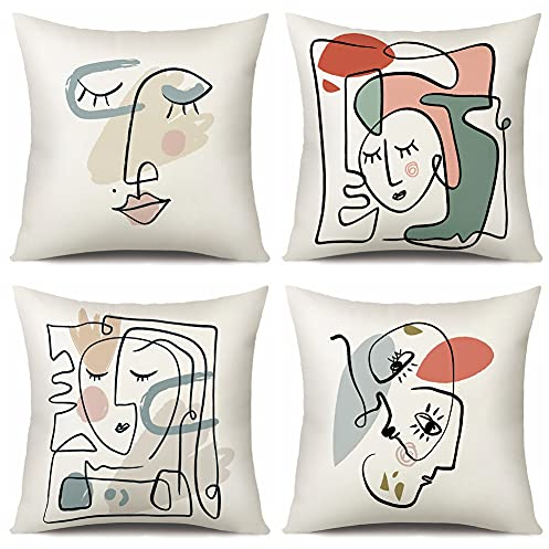 Artscope 4 STK Kissenbezug Wurfkissenbezug, Baumwolle Leinen Druckmuster Kissenbezüge Dekokissen Kissenhülle Set Kissen Fall für Sofa Auto Schlafzimmer 18x18Inch 45x45cm Abstraktes Gesicht