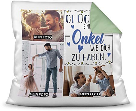 PR Print Royal Kissen inkl. Kissenfüllung mit Fotocollage zum selbst Gestalten mit DREI Fotos und Spruch - Glück ist, einen Onkel wie Dich zu haben - Farbkissen Rückseite Seegrün, 40 x 40 cm