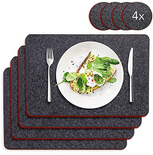 Okami Products Doppelseitiges Filz-Tischset und Untersetzer, 8er-Set (4 Tischsets und 4 Untersetzer), rot und grau, waschbare Tischsets
