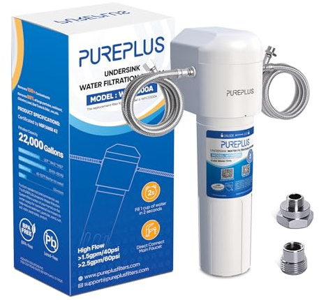 PUREPLUS Filtre à eau sous évier, 7000 litres, réduction du chlore de 99,99%, certifié NSF/ANSI, système de filtration d'eau sous comptoir