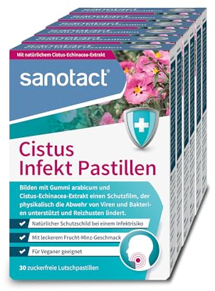 sanotact Cistus Infekt Pastillen (6 x 30 Lutschpastillen) • Cistus-Echinacea-Extrakt + Gummi arabicum • Zur Unterstützung der Abwehr von Viren & Bakterien • Lindern Reizhusten