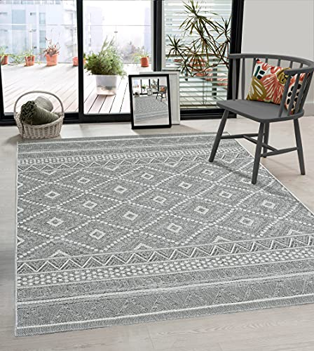 the carpet Calgary - robuster Teppich, Flachgewebe, modernes Design, ideal für Wohnzimmer, Esszimmer und Außenbereich, In- und Outdoor, Vintage-Optik, Boho-Style, Grau-Raute, 200 x 280 cm