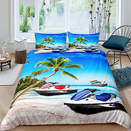 Loussiesd Ozean Bettbezug Set Kokosnussbaum Yacht Bettwäsche Set 220x240cm für Kinder Jungen Mädchen Hawaiian Strand Betten Set Sommerferien Bettwäsche 3St