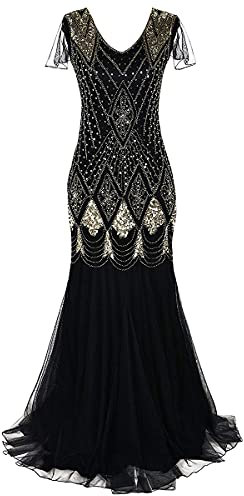 IBTOM CASTLE Flapper Dresses 1920s Gatsby - Womens Vintage V Neck Art Deco Beaded Sequin Mermaid Hem Formal Evening Party Dresses Plus Size Cocktail Maxi Gown Prom Halloween Fancy Dress Costume