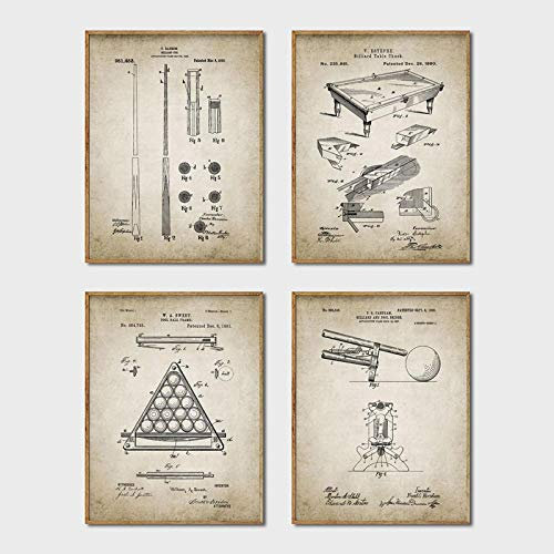 HSFFBHFBH Vintage Billard Patent Poster und Drucke Snooker Queue Billardtisch Blaupausen Kunst Leinwand Malerei Billard Wanddekor 50x70cmx4pcs Ungerahmt