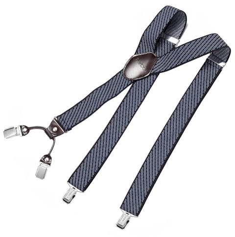 DonDon Hosenträger Herren extra stark gestreift blau schwarz 3,5 cm Hosenträger Herren breit mit brauem Leder in Y-Form lang - Starke Clips passend für Anzug Jeans Chinos Vintage Rockabilly Suspenders