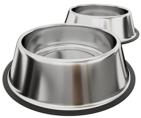 Set di 2 Ciotole Per Cani Gatti In Acciaio Inox Inossidabile Con Gomma Antiscivolo Alla Base Ciotola Cibo Croccantini Alimentazione Acqua Da 900 Ml Diametro 25 Cm Colore Argento