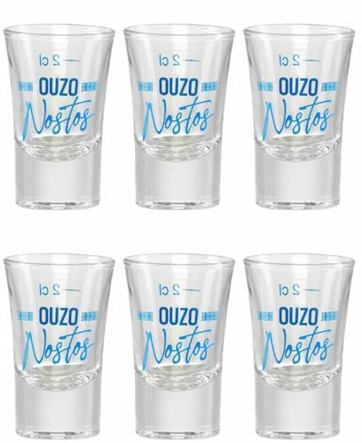 Jassas Griechische Feinkost Nostos Ouzo Gläser mit 2cl Füllstrich (6er Set)