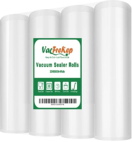 VacFreKep 4Rouleau 28x600cm Rouleau Sacs Pour Machine Sous Vide Alimentaire,sans BPA et LFGB Sac de Congelation Sous Vide,Compatible Avec n'importe Quelle Scelleuse Sous Vide