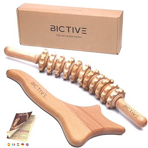 BICTIVE® Faszienrolle Holz und Lymphdrainage Massagegerät aus Buchenholz für Körpermassage. Massage Holz, Maderotherapie Massageroller für Beine, Cellulite un Rücken. Faszienstab Anti Cellulite