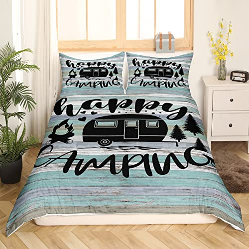 Camper Bettwäsche Set 135 x 200 Teenager Happy Camping Bettbezug rustikaler Bauernhaus Stil Skizzenzeichnung Camper Bettbezug für Kinder Jungen Erwachsene Schlafzimmer Dekor ultraweiche Bettwäsche
