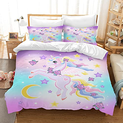 AVJWWD Einhorn Bettwäsche Set Kinder Mikrofaser Bettwäsche Cartoon Einhorn 3D Gedruckt Bettbezug 3 Teilig mit ReißVerschluss,Soft Mädchen Bettwaren (220x240cm, I)