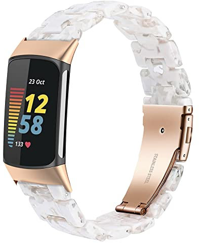 Wongeto Armband aus Kunstharz für Fitbit Charge 5, weißes Blumendesign, leicht und wasserabweisend, 18 mm