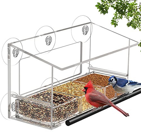 Fenster-Vogelfutterstation mit 5 extra starken Saugnäpfen, Ablauflöchern, abnehmbarer Anzuchtkasten